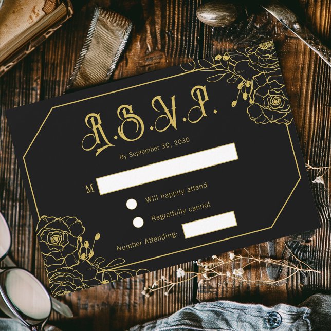 Gothic Glam Black Gold Wedding RSVP Enclosure Card (Creator Uploaded)