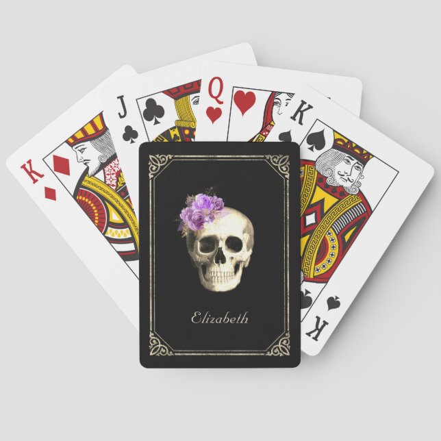 Gothic Glam Skull Purple Roses Personalised Playing Cards (Back)