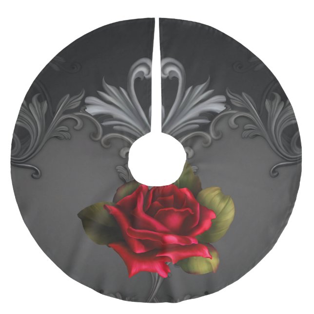Gothic Glamour Red Rose Black Ornamental Glam Brushed Polyester Tree Skirt (Front)