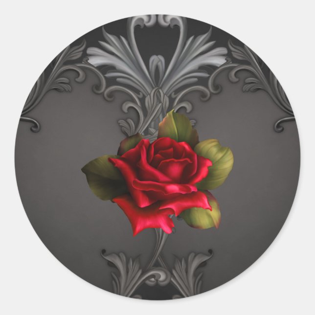 Gothic Glamour Red Rose Black Ornamental Glam Classic Round Sticker (Front)