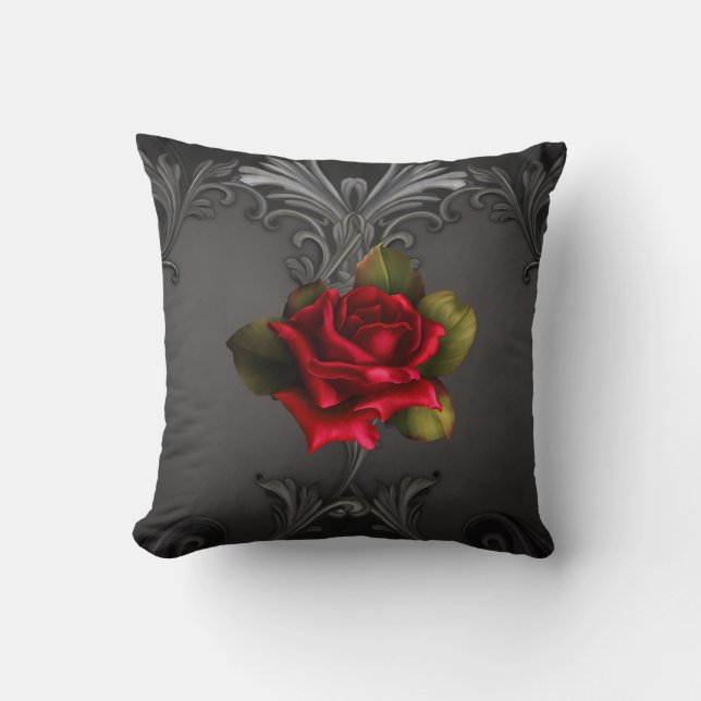 Gothic Glamour Red Rose Black Ornamental Glam Cushion (Front)