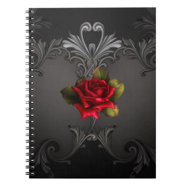 Gothic Glamour Red Rose Black Ornamental Glam Notebook (Front)