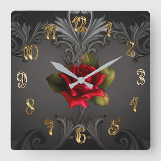 Gothic Glamour Red Rose Black Ornamental Glam Square Wall Clock (Front)