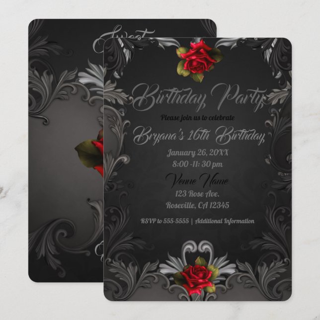 Gothic Glamour Red Rose Ornamental Birthday Party Invitation (Front/Back)