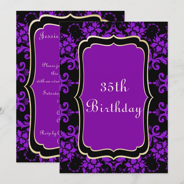 Gothic Gold & Lilac Damask 35th Birthday Invitation (Front/Back)