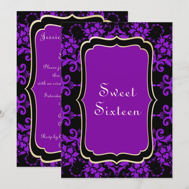 Gothic Gold & Lilac Damask Invitation (Front/Back)