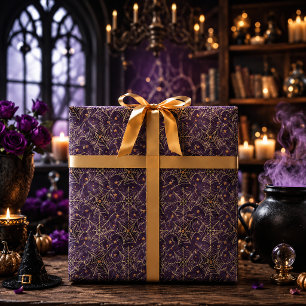 Gothic Gold Spider Web Purple Watercolor Wrapping Paper