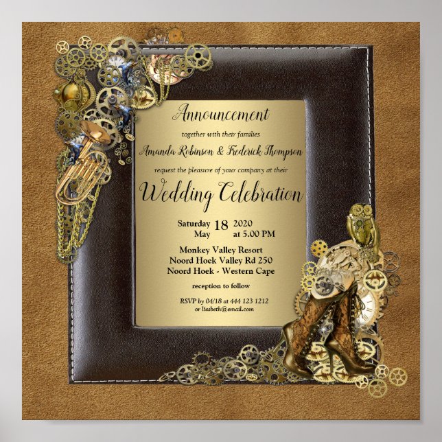 Gothic-Gold Steampunk Wedding  Announcement Poster (Front)