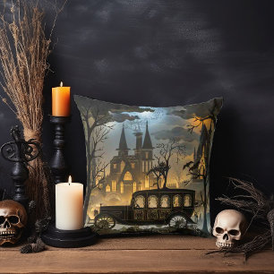Gothic Graveyard with Cathedral and Hearse Cushion