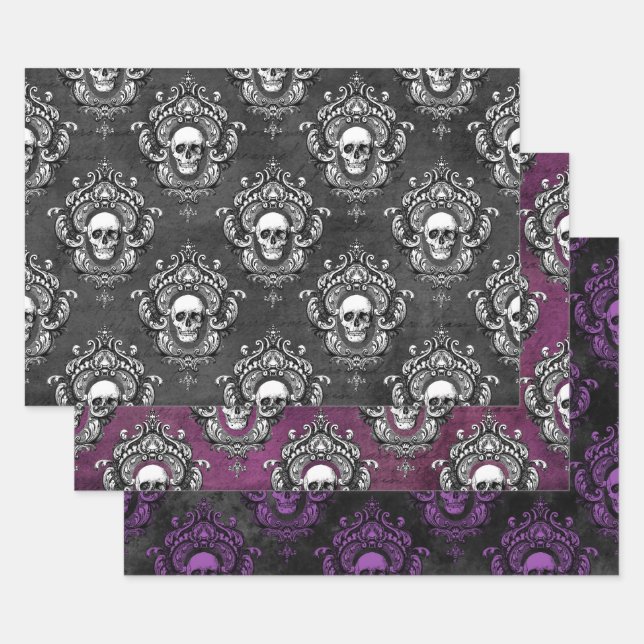 Gothic Grey and Purple Skull Wrapping Paper Sheet (Set)