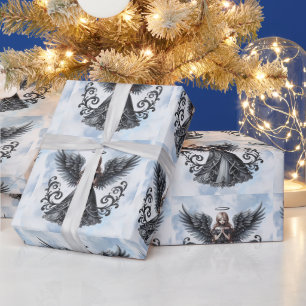 Gothic Grey Angels Icy Blue Christmas Wrapping Paper