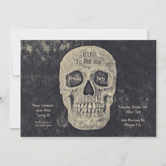 Gothic Grey Beige Skull Birthday RIP To His 20s Invitation (Front)