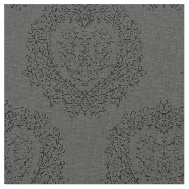 Gothic Grey Black Heart Fabric (Close Up)