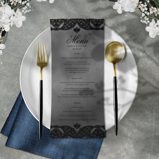 Gothic Grey Mediaeval Black Ornate Lace Wedding Menu (Creator Uploaded)