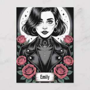 Gothic Grunge Girl Illustration with Biker Jacket Postcard