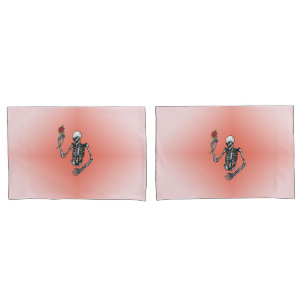 Gothic Half Skeleton Holding Red Rose Pink Pillowcase