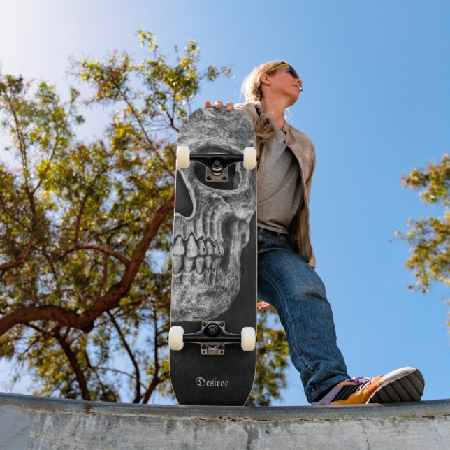 Gothic Half Skull Black And White Grunge Texture Skateboard (Outdoor 1)