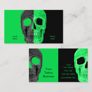 Gothic Half Skull Black Neon Green Tattoo Shop Business Card