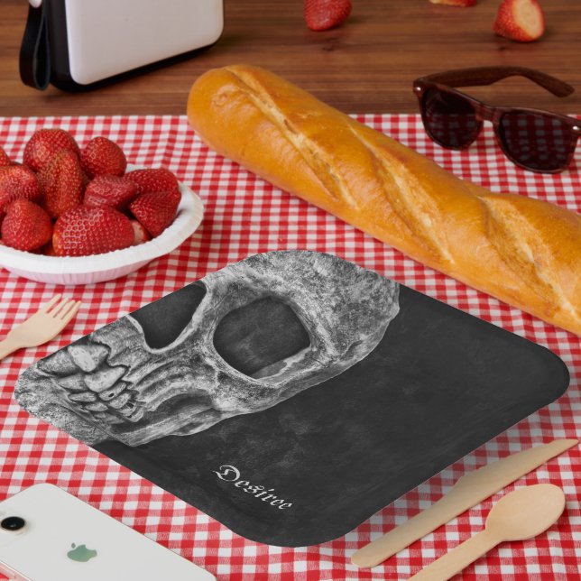 Gothic Half Skull Cool Black And White Grunge Paper Plate (Picnic)