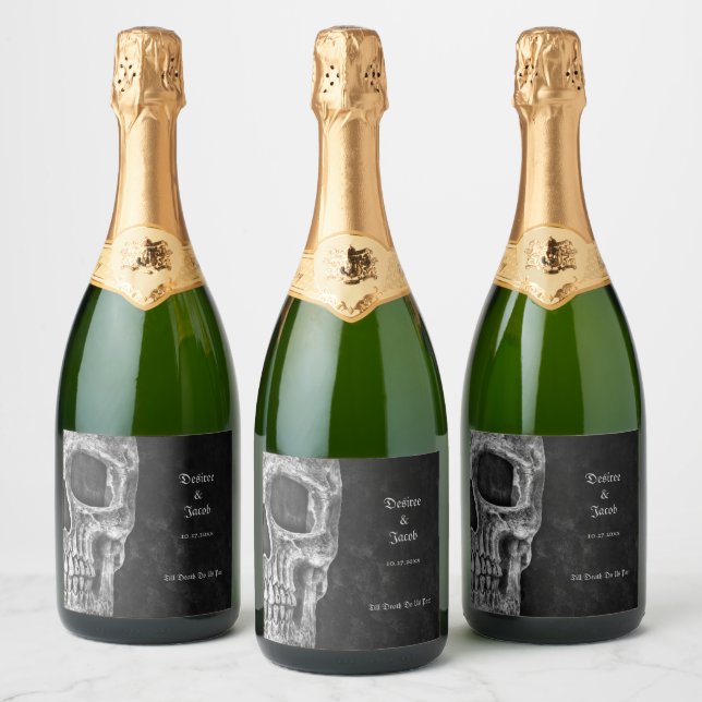 Gothic Half Skull Cool Black And White Grunge Sparkling Wine Label (Bottles)