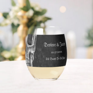 Gothic Half Skull Cool Black And White Grunge Stemless Wine Glass