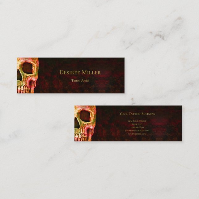 Gothic Half Skull Face Red Green Tattoo Shop Mini Business Card (Front/Back)