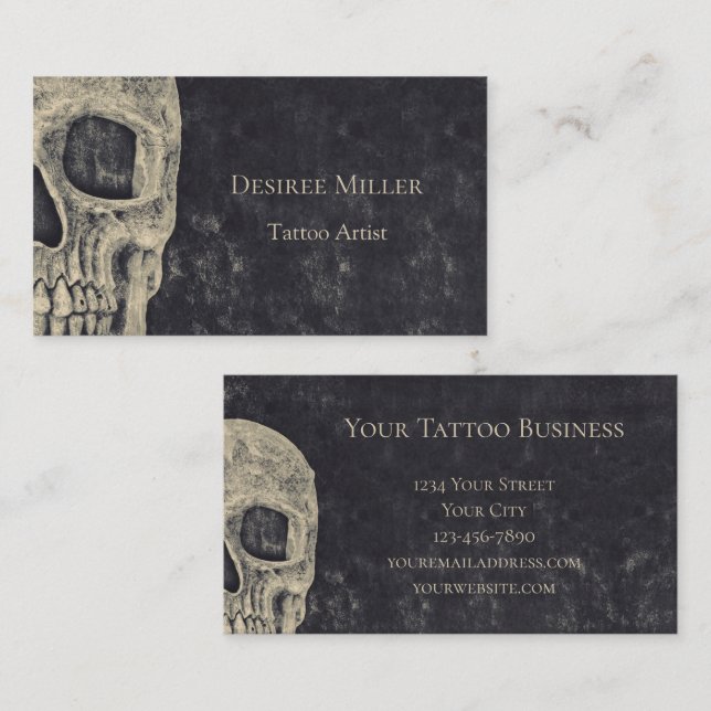 Gothic Half Skull Gray Beige Tattoo Artist Business Card (Front/Back)