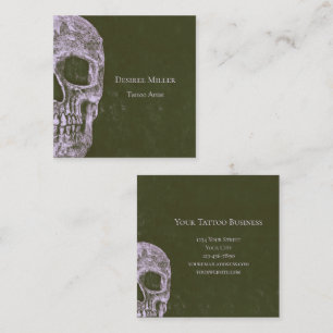 Gothic Half Skull Grunge Olive Green Tattoo Artist Square Business Card