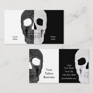 Gothic Half Skull Head Black And White Tattoo Shop Business Card