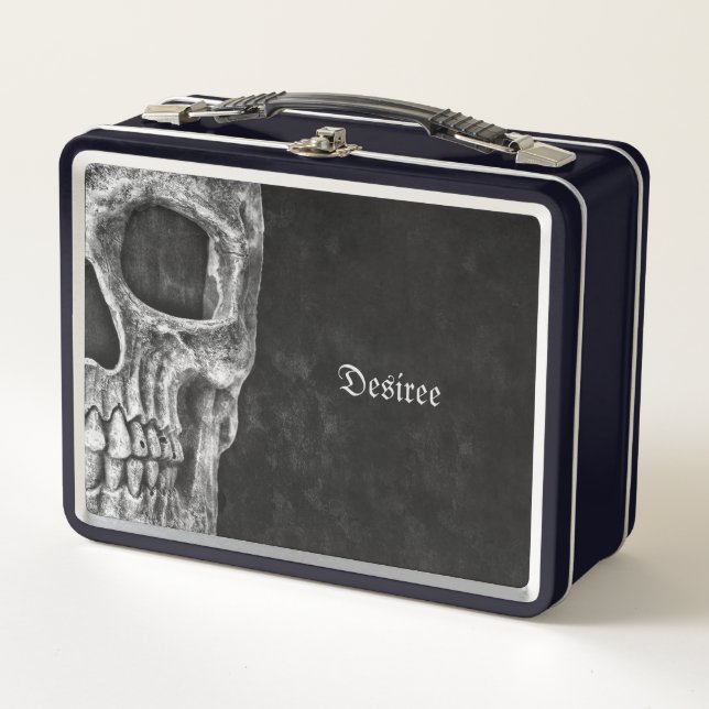 Gothic Half Skull Head Cool Black And White Grunge Metal Lunch Box (Front)