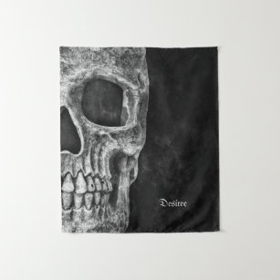 Gothic Half Skull Head Cool Black And White Grunge Tapestry