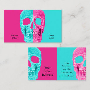 Gothic Half Skull Head Teal Pink Tattoo Shop Business Card