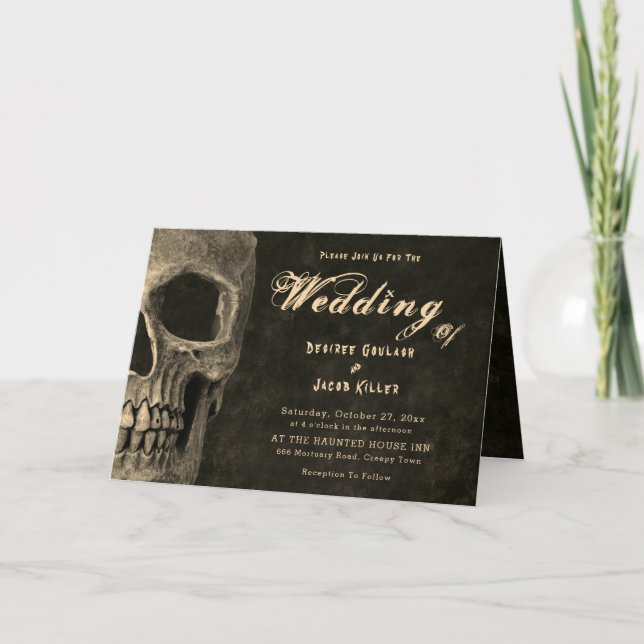 Gothic Half Skull Head Vintage Sepia Hallowedding Invitation (Front)