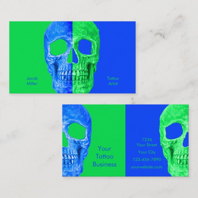 Gothic Half Skull Neon Green Blue Tattoo Shop Business Card (Front/Back)