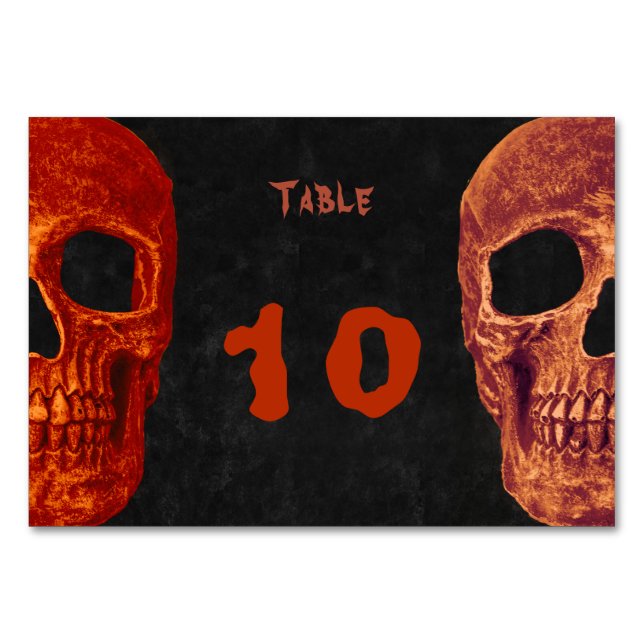 Gothic Half Skull Orange Black Halloween Wedding Table Number (Front)