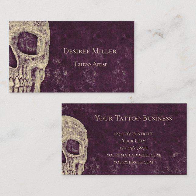Gothic Half Skull Purple Beige Tattoo Artist Business Card (Front/Back)