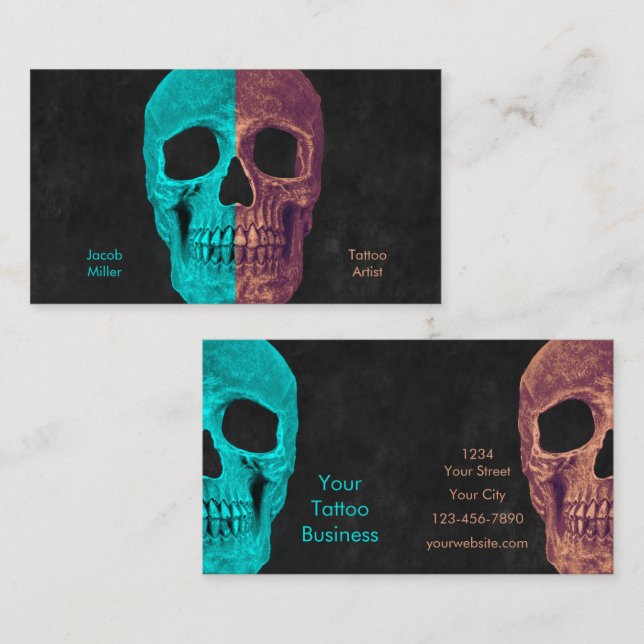 Gothic Half Skull Teal Brown Black Tattoo Shop Business Card (Front/Back)