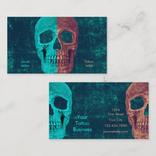 Gothic Half Skull Teal Brown Texture Tattoo Shop Business Card