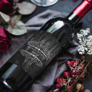 Gothic Hallowedding Scrollwork B&W ID866 Wine Label