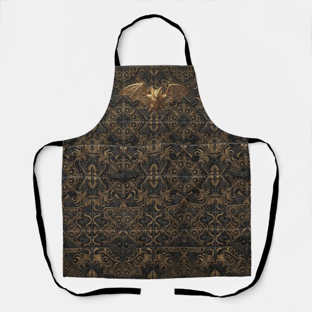 Gothic Halloween Apron Gold Bat Pattern (Front)