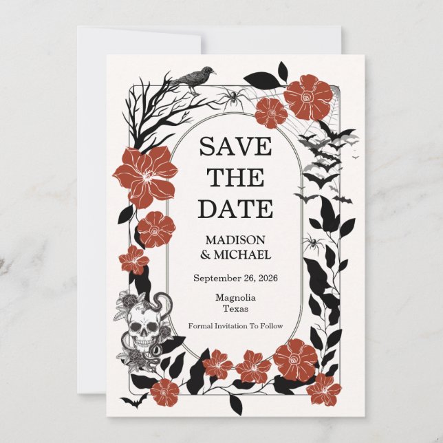 Gothic Halloween Black And Burgundy Wedding  Save The Date (Front)