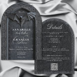 Gothic Halloween Black Bat Arch Two Sided Wedding Invitation<br><div class="desc">THIS INVITATION HAS WEDDING DETAILS ON THE BACK. SEE THE COLLECTION FOR A ONE-SIDED VERSION. Embrace the darkness and revel in the macabre with our gothic or Halloween wedding invitation. Featuring a striking black stone arch adorned with a menacing bat, this invitation sets the stage for a dark celebration that's...</div>