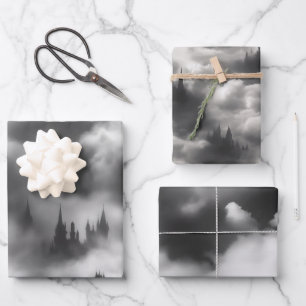 Gothic Halloween Black Castle Clouds Gifting Wrapping Paper Sheet