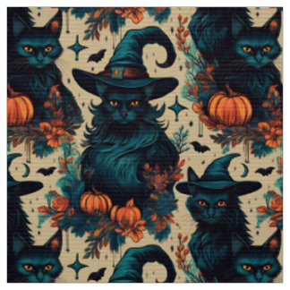 Gothic halloween black cat witch pattern fabric