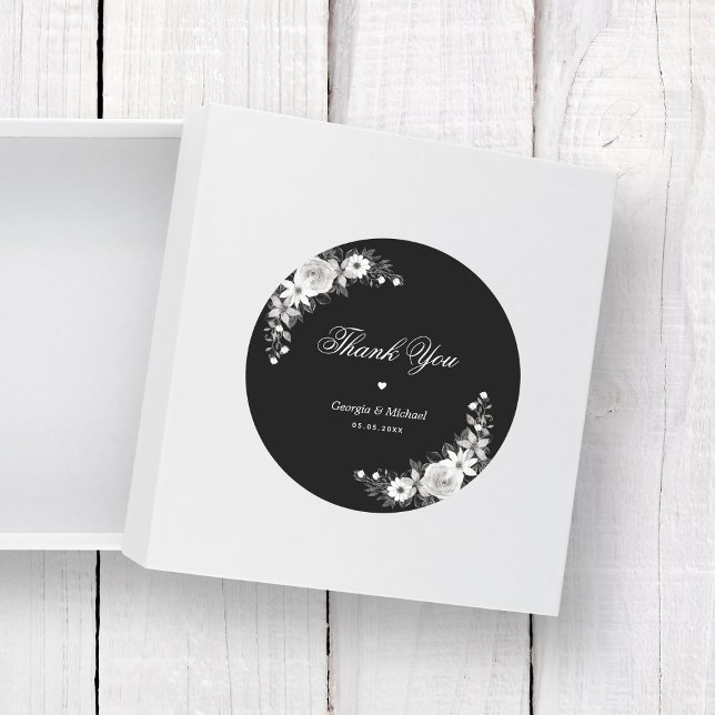 Gothic Halloween Black Floral Thank You Wedding Classic Round Sticker (Creator Uploaded)
