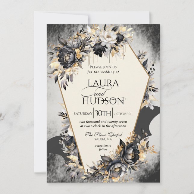 Gothic Halloween Black Floral Wedding Invitation (Front)