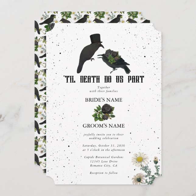 Gothic Halloween Black Roses Crows Wedding Invitation (Front/Back)
