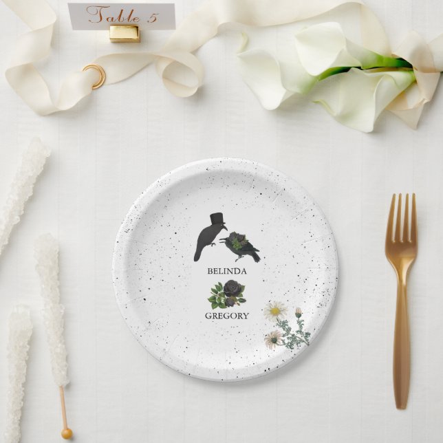 Gothic Halloween Black Roses Crows Wedding Paper Plate (Wedding)