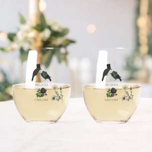 Gothic Halloween Black Roses Crows Wedding Stemless Wine Glass