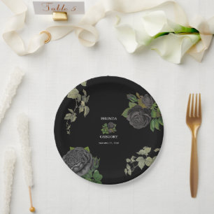 Gothic Halloween Black Roses Wedding Paper Plate
